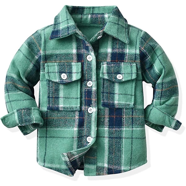 Flanellrutig skjorta jacka för babypojkar och flickor - Toddler Lapel Button Coat, Varm vinter ytterkläder (3-4T, Ljusgrön)