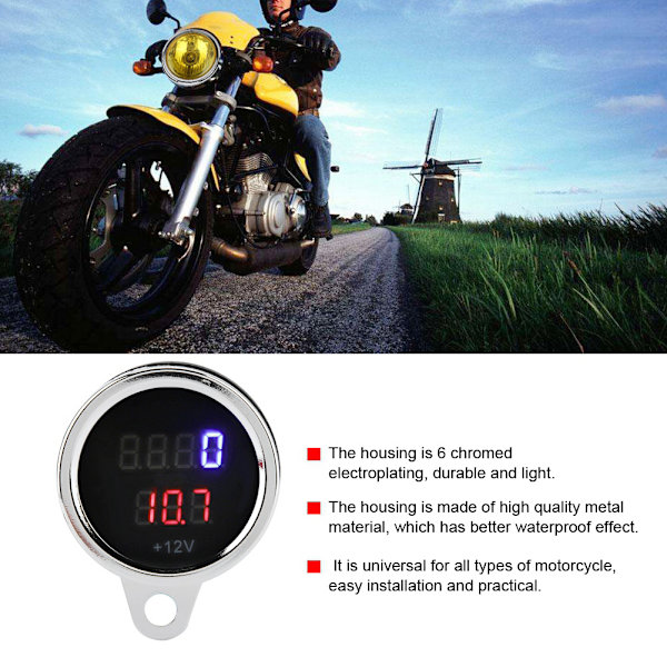 2 i 1 Motorcykel LED Digital Voltmätare Varvräknare Mätare Metall Vägmätare Hastighetsmätare