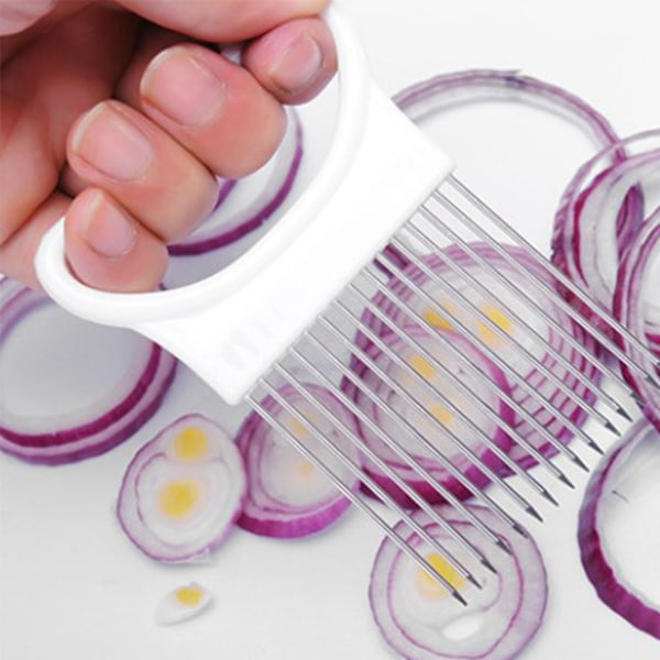 Rostfritt stål Lökhållare Lökskärarassistent Rostfritt stål Köksprylar för att skiva kötttråd Frukt Grönsaker Vit