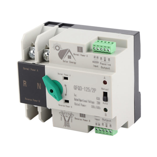 Dual Power Automatisk överföringsströmbrytare 2P Millisecond Snabbväxling Timing Controller AC230V 50/60Hz PV till nät 63A
