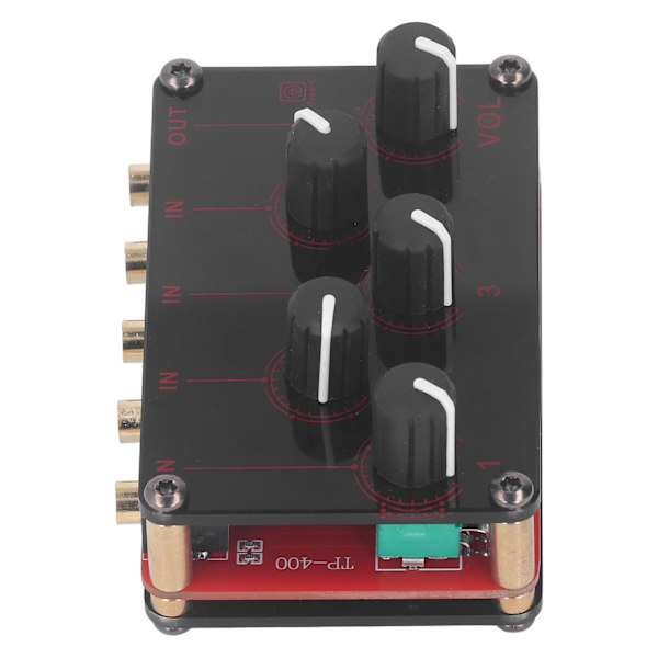 Mini Stereo Mixer 4 Indgange 1 Udgange 4 Kanaler Bærbar Stereo Linjemixer Kompakt Lydmixer til Studie Scene Små Klubber Bar 100 til 240V Rød EU Stik