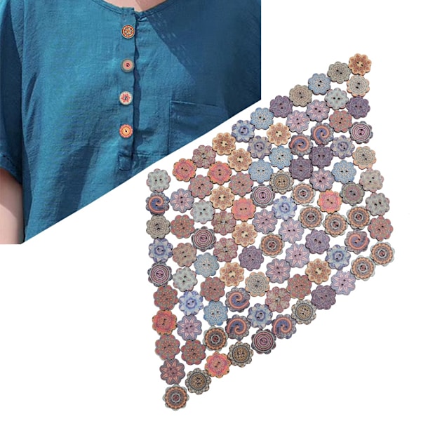 100 st 20 mm retrostil vackert mönster blomformad träknapp för DIY-hantverk