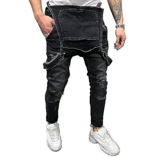 Sorte Herre Ripped Denim Dungarees Overalls - 2XL