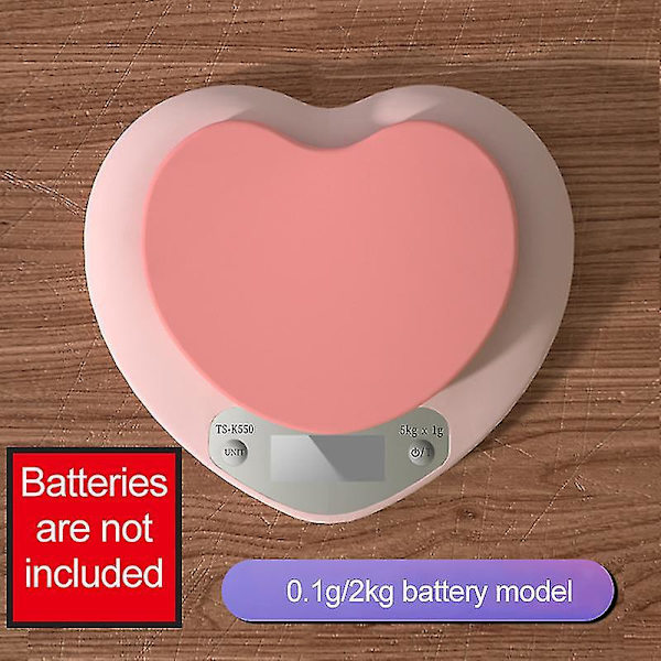 Højpræcisions Hjerteformet Pink Køkkenvægt - 5kg/1g, 2kg/0.1g - LCD Digital Display - 3 Enheder: g/lb/oz - Inkluderer Batteri