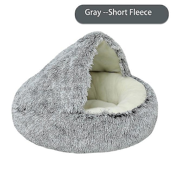 Cozy 2-i-1 Hulehule Pet Bed med Hætte til Små Hunde og Katte - Rund Blød Plys Kennel og Dyre Nest (Grå, 65cm)