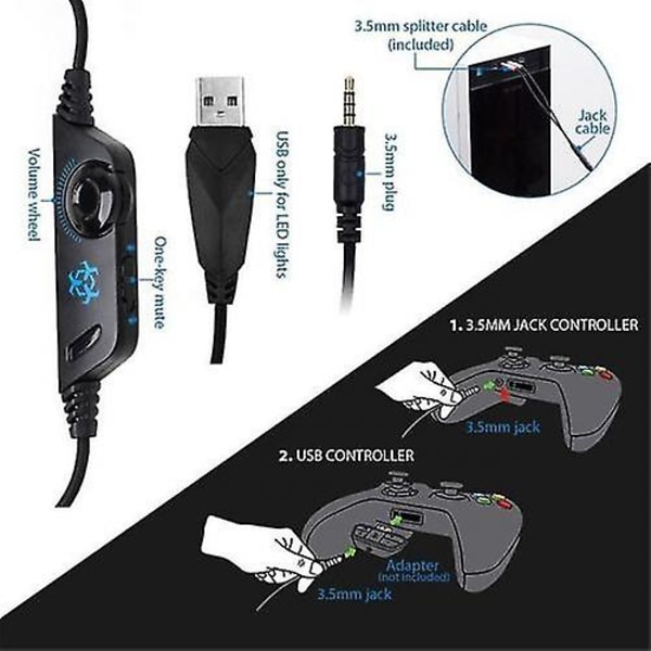 Barsinfi egnet for Ps4, Xbox One, PC, kontroller, hodesett med støyreduserende mikrofon, V1 spillhodesett med blå LED