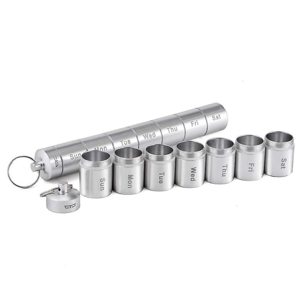 Förseglad och vattentät 7 dagars löstagbar pillerlåda i aluminium i metall Silver