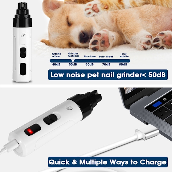 Kløklip til kæledyr, lydløs elektrisk kløklipper med USB-opladning til små og mellemstore hunde og katte