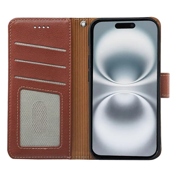 Compatible with iPhone 17 Case, RFID Blocking Wallet, Lychee Textured Leather Case, Magnetic Clasp {Brown} Brown Brown