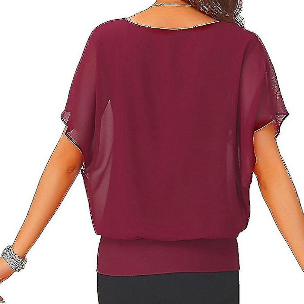 Avslappnad lös fladdermusärm chiffong topp t-shirt blus för kvinnor - Röd XXL