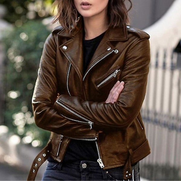 Women's Short Faux Leather Zipper Jacket - Brown