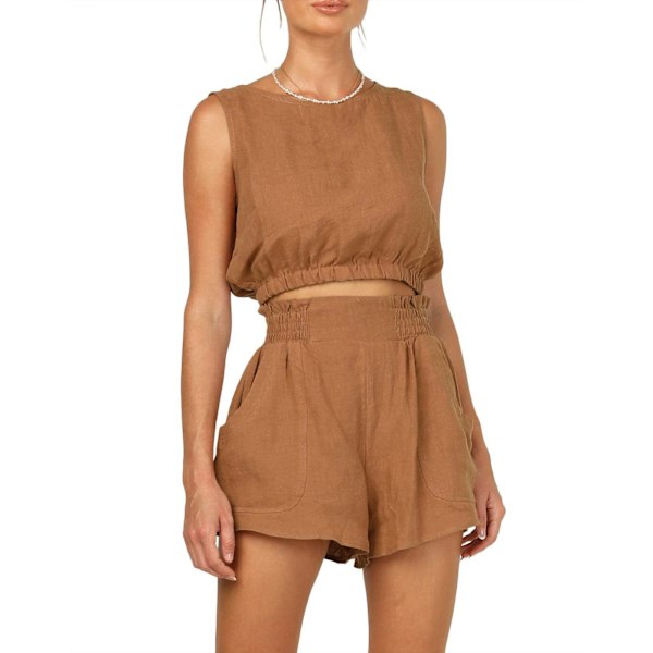 Kvinnor Pure Color 2-delad outfit Casual Crewneck linne Rynkad High Waist Shorts Set för Dating Coffee L