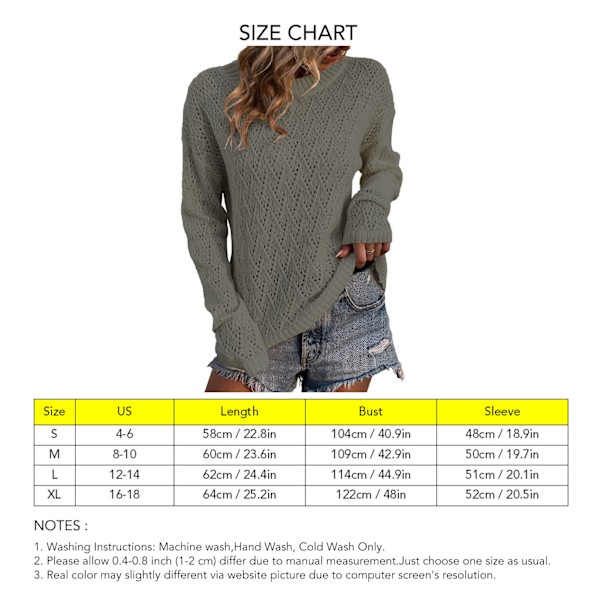 Kvinna Långärmade Virkade Tröjor Stickad Pullover Hollow Out Crewneck Topp för Dating Arbete Grön S