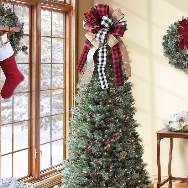 Christmas Tree Topper - Buffalo Pläd Röd Svart Burlap Dekorativ rosett - Rustik Farmhouse Xmas Dekorationer Heminredning - Handgjorda