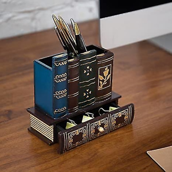 Dekorativ organizer Caddie, penna och pennhållare med nedre förvaringslåda och antika biblioteksböcker design