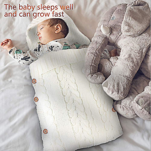 Nyfødt baby strikket svøbetæppe sovepose til 0-12 måneder, hvid
