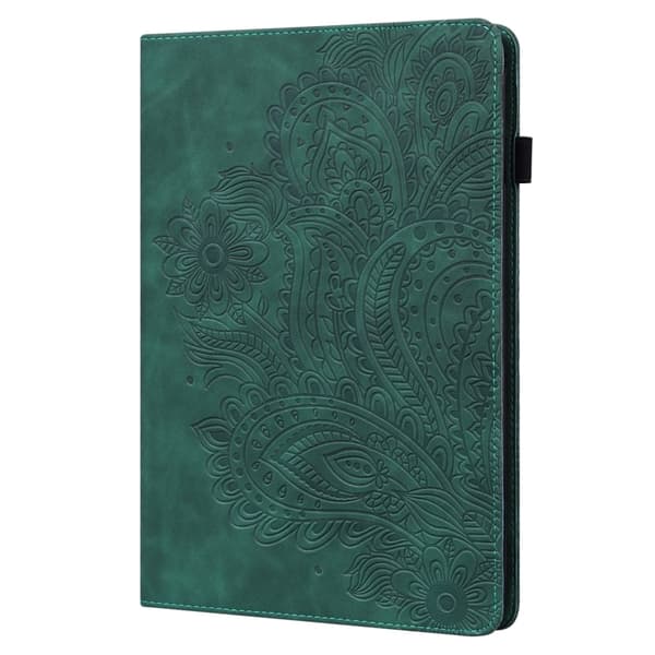 Samsung Galaxy Tab A9+ / A11+ Etui i præget læder med påfuglemønster Grön