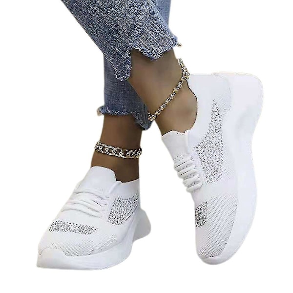 White Mesh Rhinestone Lace-up Women's Athletic Running Sneakers