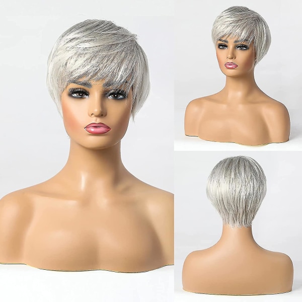 Kort silvergrått människohårblandning peruker for kvinner, naturlig hår Pixie Cut Peruk, lett/andas/mjuk (farge 101)