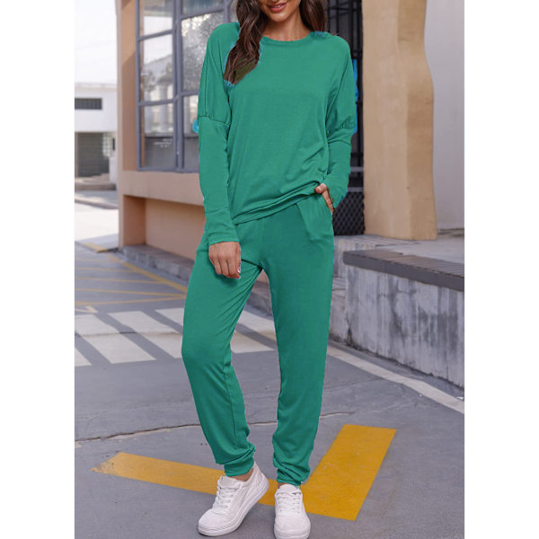 Naisten 2-osainen asu Löysä Stretchinen Tyylikäs pitkähihainen paita Housut Syksy Loungewear Pyjamasetti Vihreä L