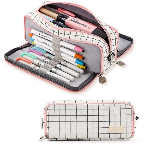 Stort case Stor kapacitet 3 fack Canvas pennfodral för tonårspojkar Flickor Skolstudenter (rosa remsa svart rutnät)