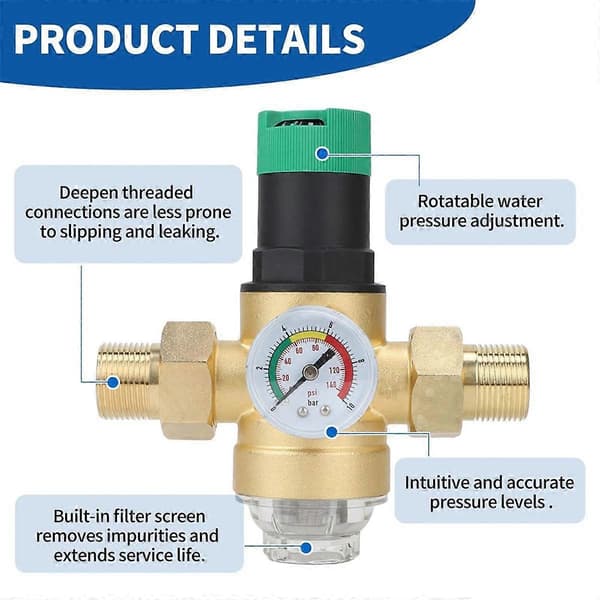 [NX] Trykkregulator Vann med Manometer og Sil 3/4 Tommer DN20 Trykkregulator