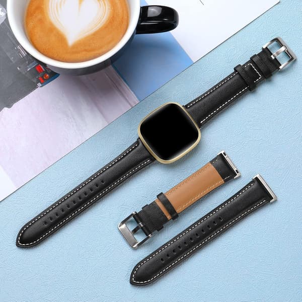 【NX】Læderrem kompatibel med Fitbit Versa 3/Fitbit Sense 2/Sense armbånd, ægte læder elegant erstatningsrem, sort