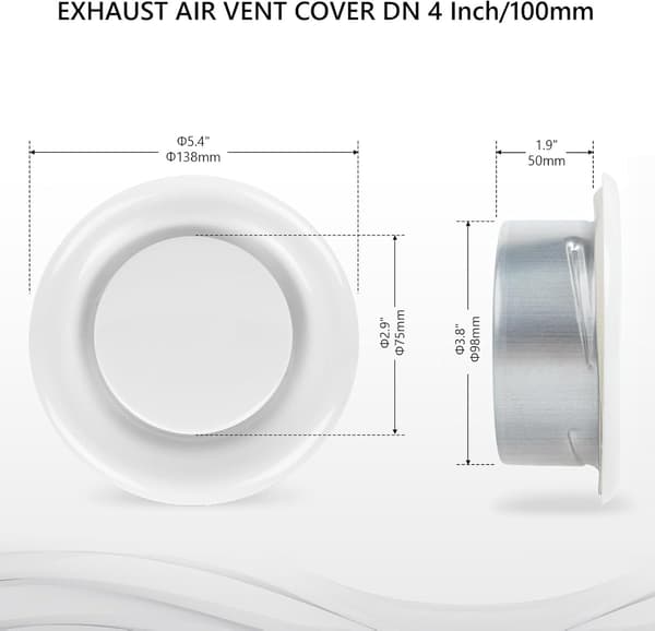 Hvidt justerbart 100 mm luftgitter, Hvidt ventilationsgitter med monteringsram, Stålplade, Trinvis luftstrømsregulering, Robust, Holdbart