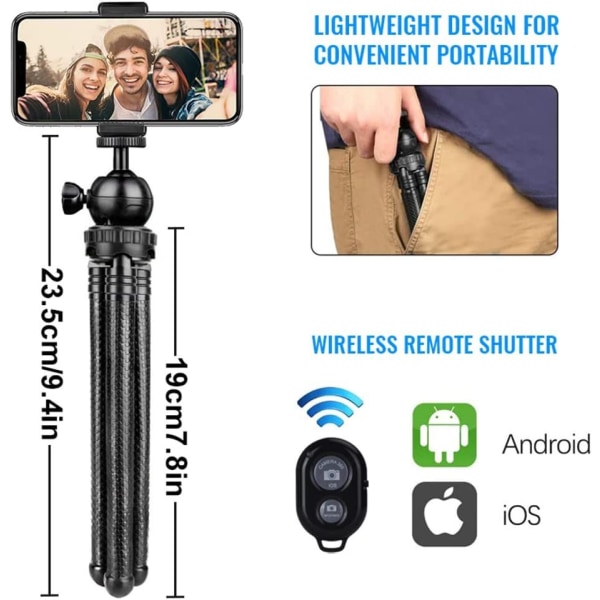 Smartphonestativ, minikamerastativ med 360° vridbart huvud och Bluetooth fjärrkontroll