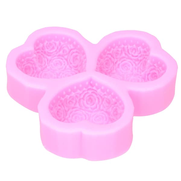 3-hulls hjerteformet rosenform Silikonkakefondant Dekorasjonsverktøy (rosa)