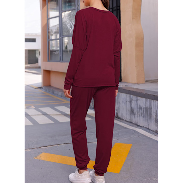 Dam 2-delad outfit Lös Stretchig Snygg långärmad tröja Byxa Höst Loungewear Pyjamasset Vinröd XL