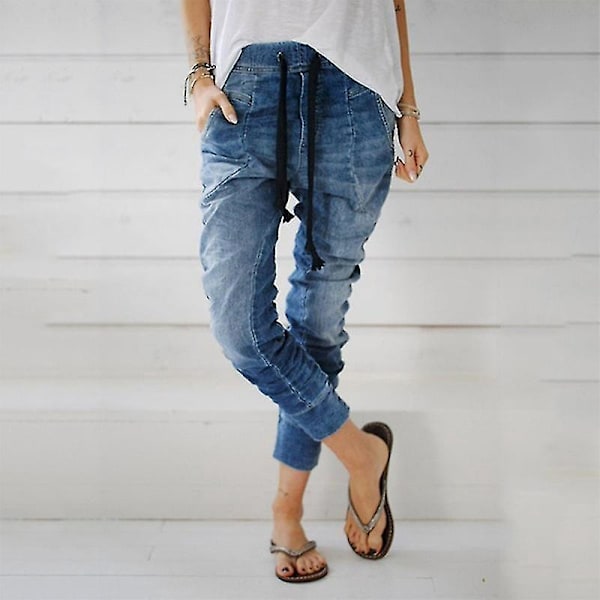 Elastic Waist Women's Denim Harem Pants Drawstring Long Trousers - Light Blue