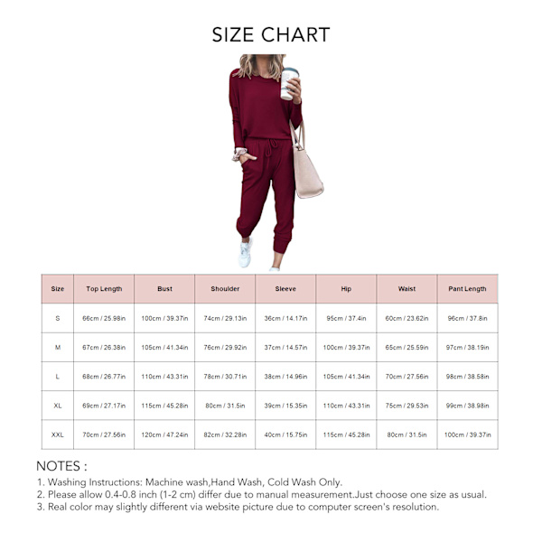 Dam 2-delad outfit Lös Stretchig Snygg långärmad tröja Byxa Höst Loungewear Pyjamasset Vinröd XL