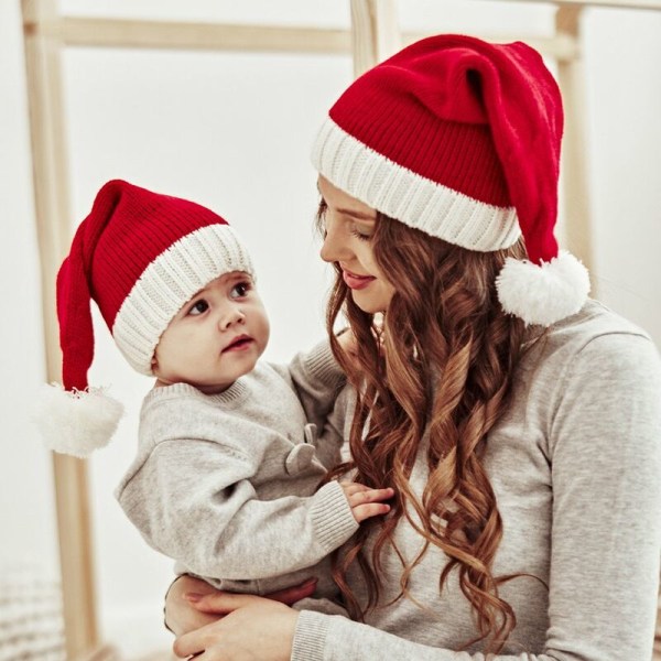 Vinter förälder-barn julmössa i ull, enkelboll i akryl varmstickad skidmössa, modell: röd barnmodell