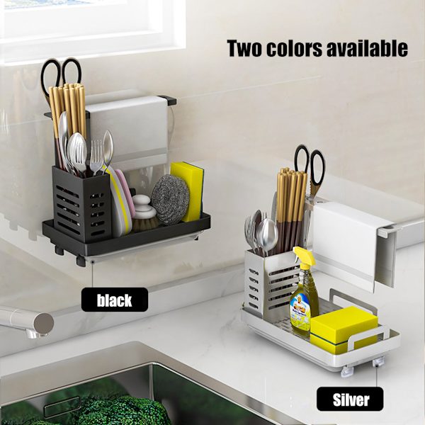 Oppvaskstativ Caddy Organizer 304 Rustfritt Stål Svamp Såpebørste Dispenser Holder med Klut Stativ Sugkopper Oppvaskstativ med Avløpsbeholder
