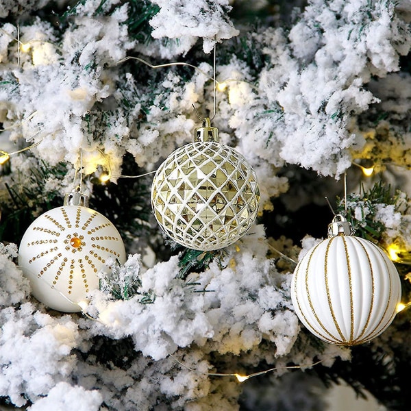 30 st julkulor prydnadsföremål, 60 mm guld och vitt målade splittersäkra festliga bröllopshängande prydnader julgransdekoration