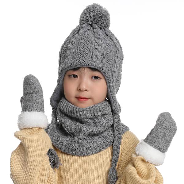3st Baby Vinter Mössa Scarf Handskar Set Stickad Fleece Fodrad Mössa med Pompom Twist Fläta Utomhus Varm Mössa för 2-5 år Barn Pojkar Flickor