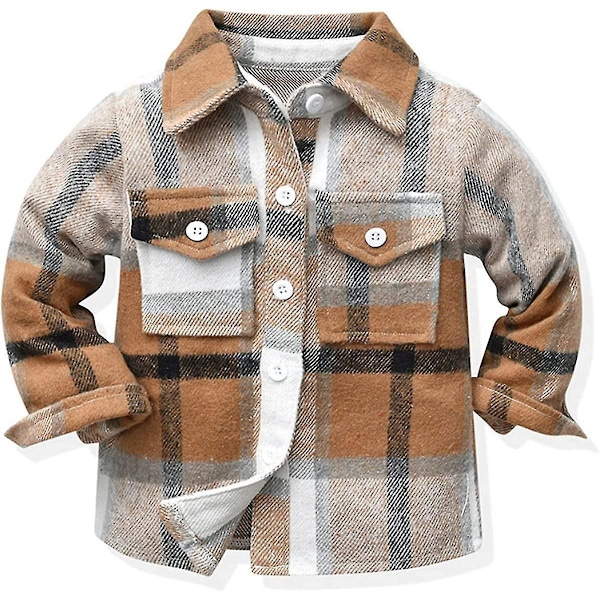 Flanellskjortejakke med rutete mønster for små gutter og jenter, langærmet jakke med revers og knapper, varm yttertøy for høst/vinter, størrelse 7-8 år, kaffe