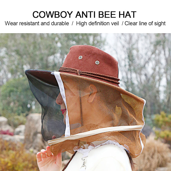 Cowboy Brun Röd 360° Säkert skydd Anti-bistickande myggbitande biodlare Skyddshatt med fästremstillbehör