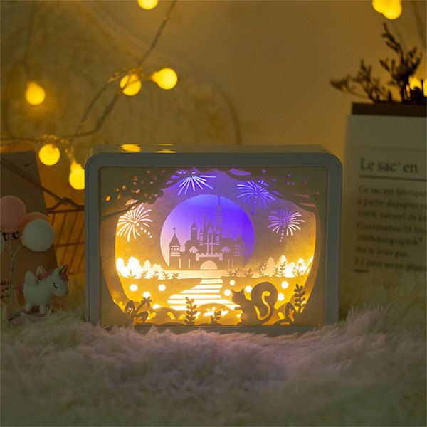 Papercut Light Box Mjukt Varmt Ljus Romantisk USB Batteridriven 3D Pappersskulpturlampa för Sovrum Kontor Fest Typ 6 (Manuell Brytare)