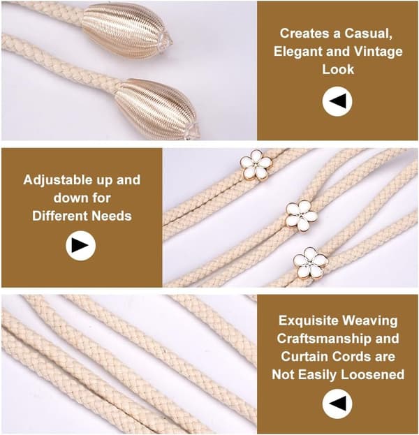 Sæt med 4 gardinbindinger, velegnet til lette gardiner, justerbare bindinger for optimalt hold (beige)