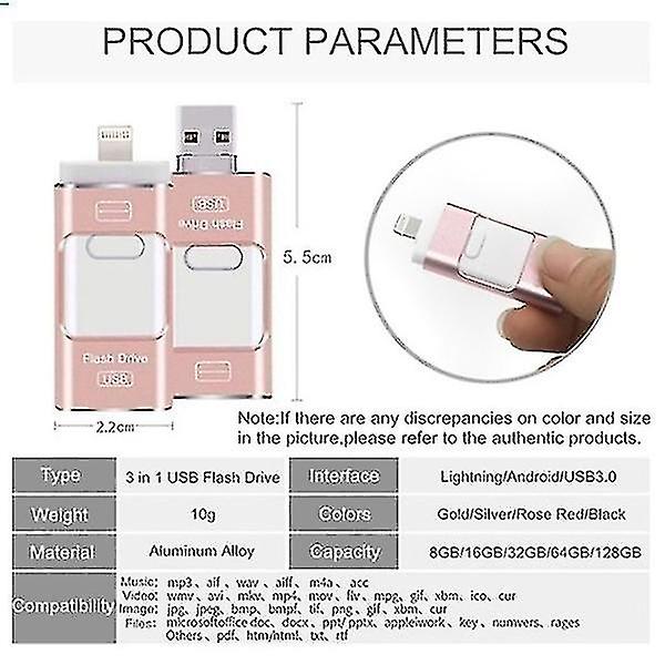 i 1 USB Flash Drive Expansion Memory Stick Otg Pendrive För Iphone Ipad Android Pc Rose Gold 128 GB