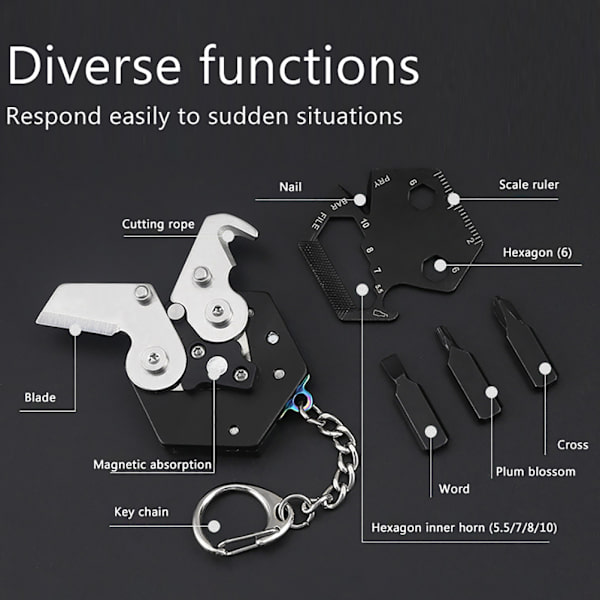 Multifunktionellt mini bärbart hopfällbart verktyg Hexagon myntverktyg Liten ficka nyckelring Hängande nyckelring Utomhus Survival Tool