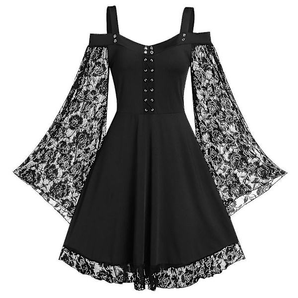 Middelalderlig Gotisk Blonder Halloween Lolita Kjole XL Sort