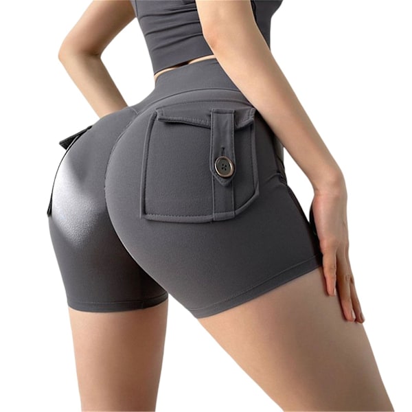Högmidjade cargoshorts för kvinnor med fickor för träning och yoga - Grå