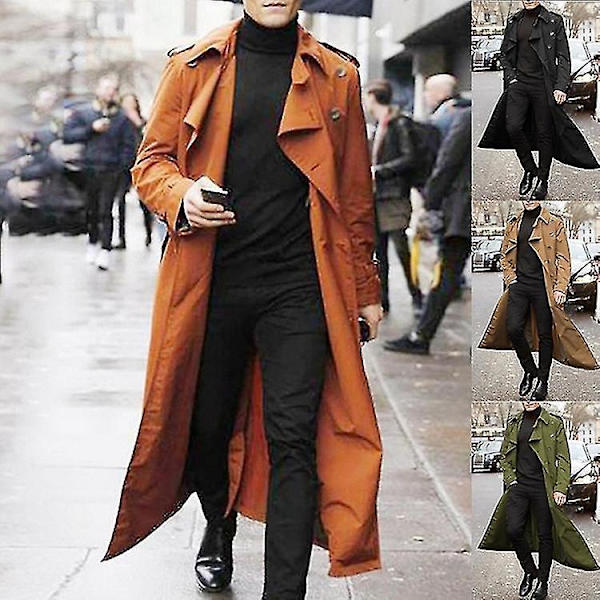 Mænds Lang Lapel Dobbeltbrystet Trenchcoat Forretningsjakke Khaki