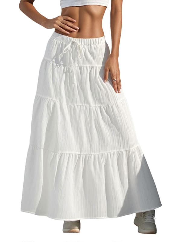 Boho Maxikjol för kvinnor, utsvängd volang, elastisk midja, sommar, A-linje, långa kjolar, vit XL White Xl