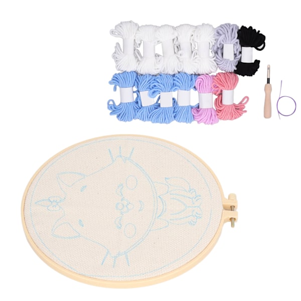 Punch Needle Kit Søt hvit katt Enkel bruk blank ramme 9.8in Hoop 13 garn Punch Needle Art for nybegynnere