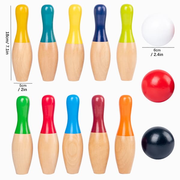 Plænebowling Spil Træ Baghave Keglespil Sæt med 10 Kegler 3 Bolde og Netpose til Børn Voksne Indendørs Udendørs