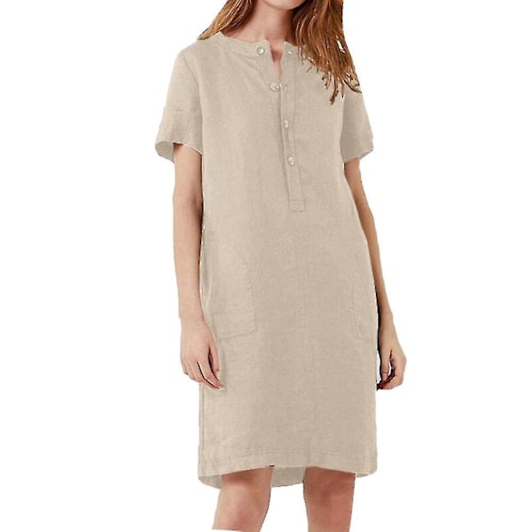Bomullslin Tunic-kjole - Kvinners Korte Ermer Kneelengde - XL Khaki